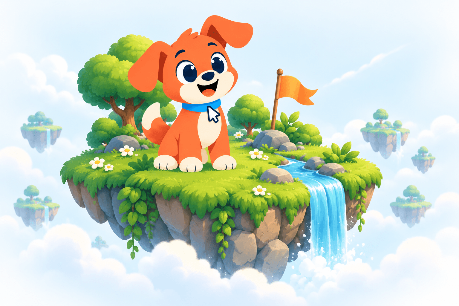 Byte, the orange Bark puppy, on a floating island with trees and a waterfall